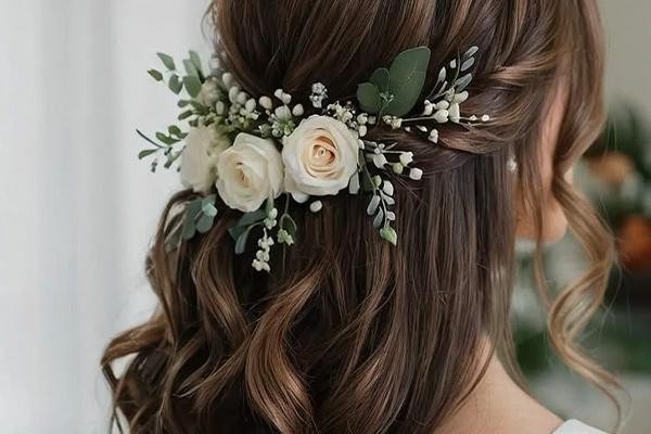 مدل موی باز عروس با گل